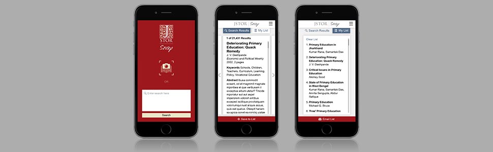 Three mobile views of the JSTOR Snap app on iphones.