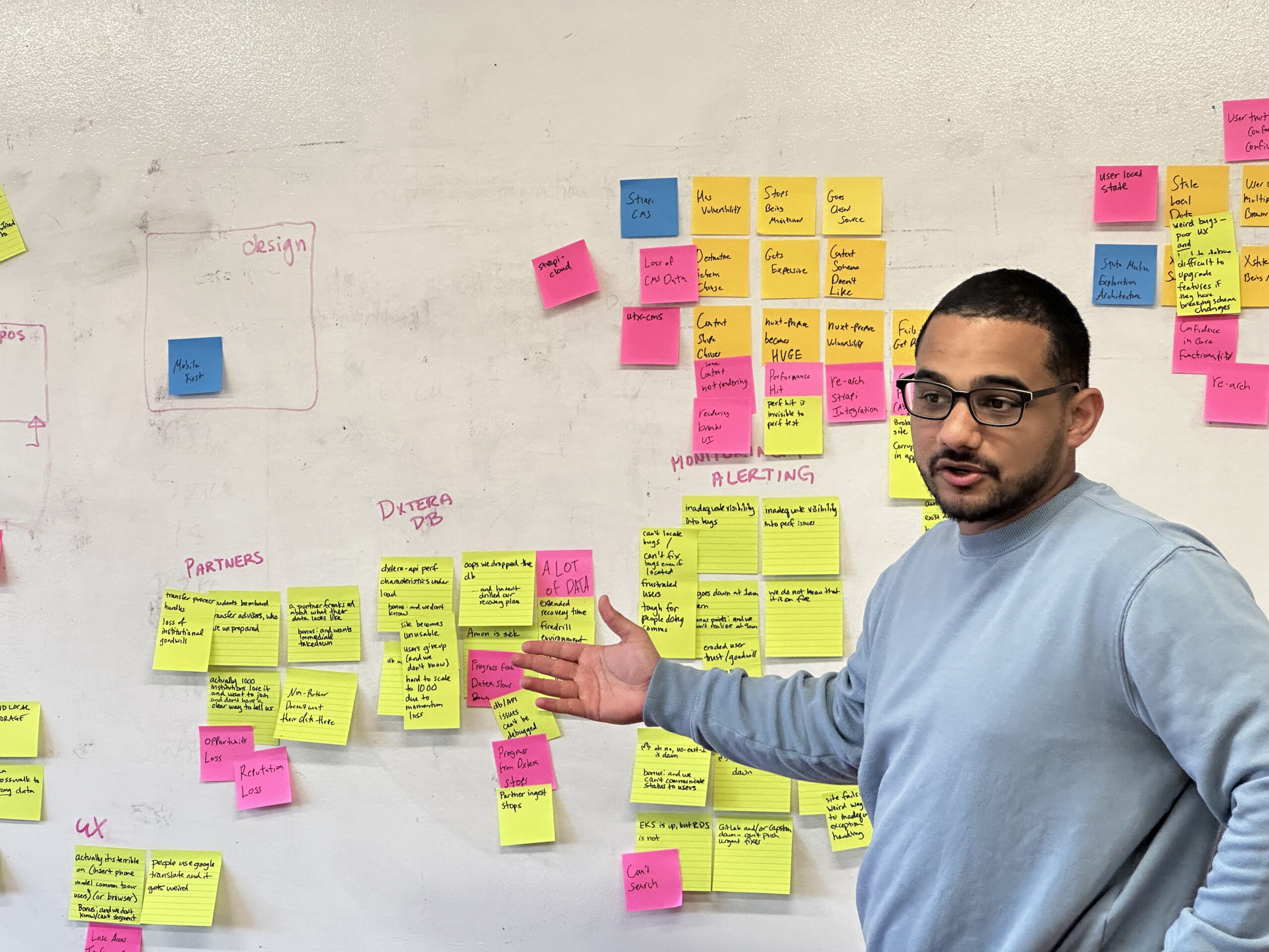 Ivanok gesturing at sticky notes on a white board