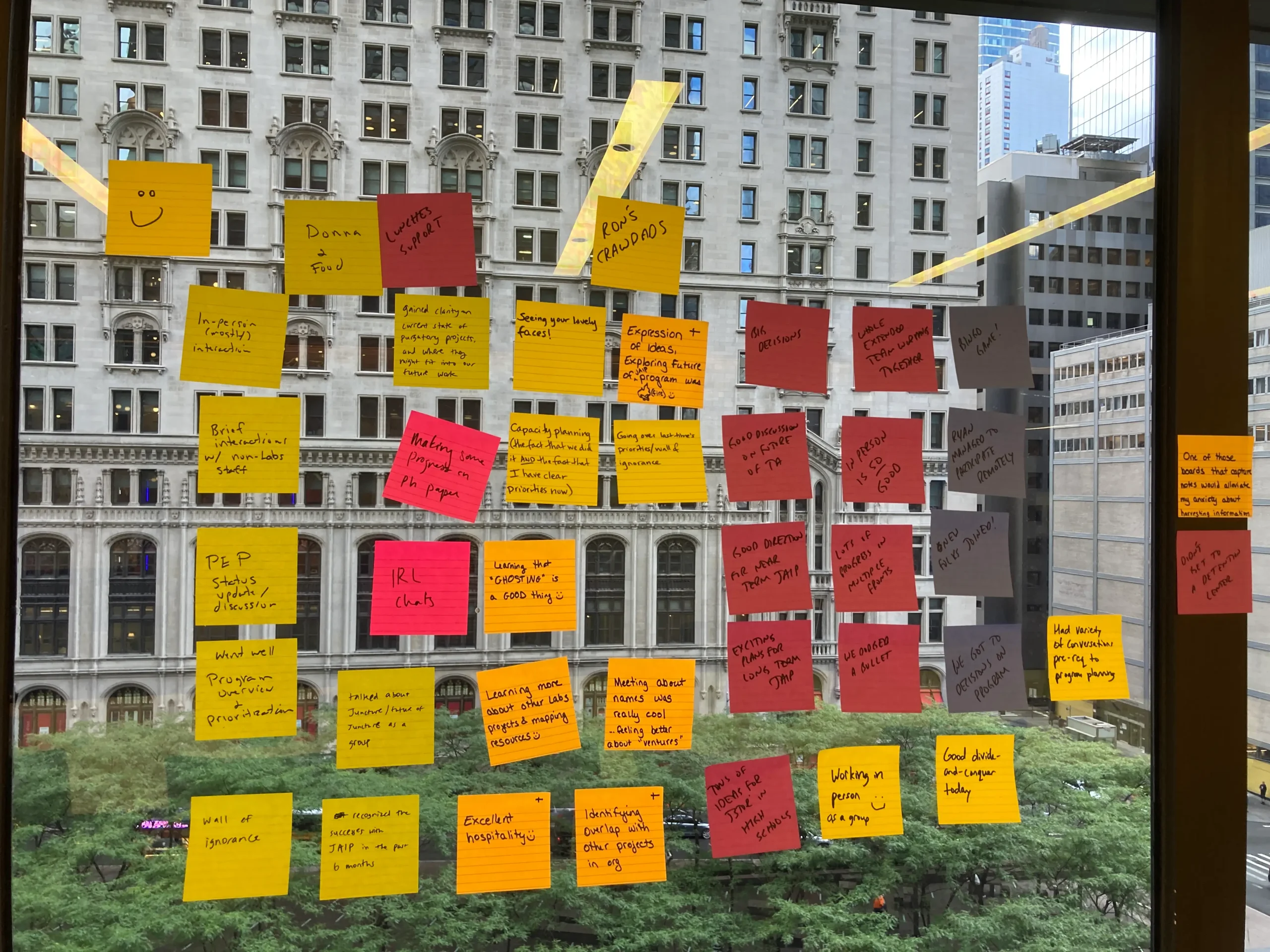 Sticky note sprint debrief on the New York office window