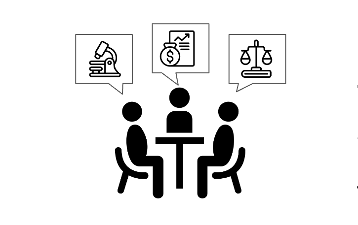 Stick figures of three people at a meeting, with speech bubbles on funds, justice, and research