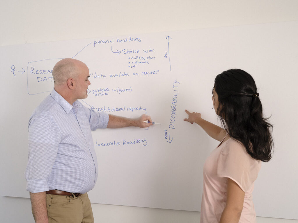 Two colleagues at a whiteboard